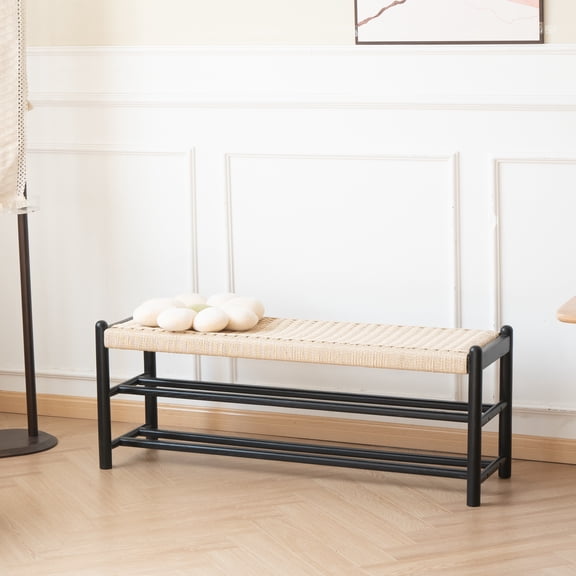 Entryway Bench, Solid Oak Wood Shoe Rack Bench, 3-Tier Shoe Bench with Woven Seat, Mid Century Shoe Storage Bench for Hallway, Bedroom, 46" Black