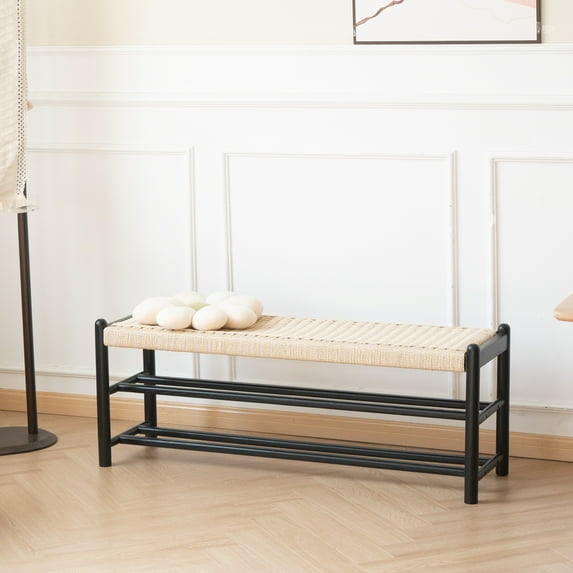 Entryway Bench, Solid Oak Wood Shoe Rack Bench, 3-Tier Shoe Bench with Woven Seat, Mid Century Shoe Storage Bench for Hallway, Bedroom, 46" Black