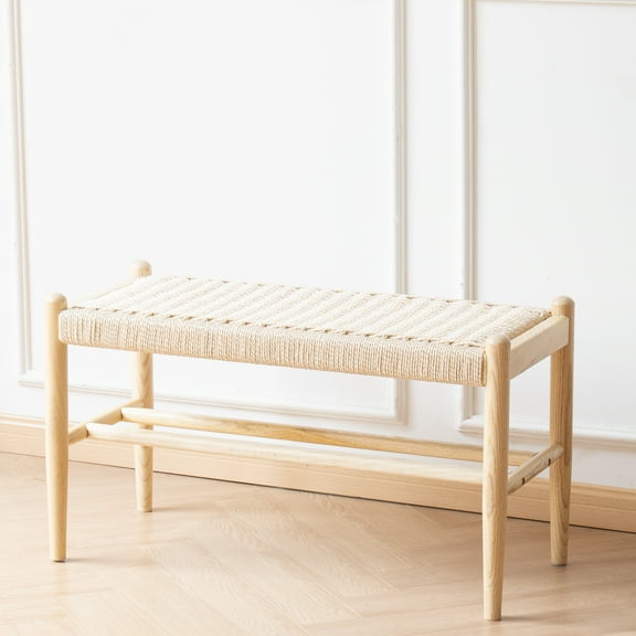 Entryway Bench, Solid Oak Wood Shoe Rack Bench, Shoe Bench with Woven Seat, Mid Century Shoe Storage Bench for Hallway, Bedroom, 31.5" Nature