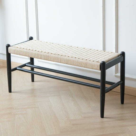 Entryway Bench, Solid Oak Wood Shoe Rack Bench, Shoe Bench with Woven Seat, Mid Century Shoe Storage Bench for Hallway, Bedroom, 39.4" Black