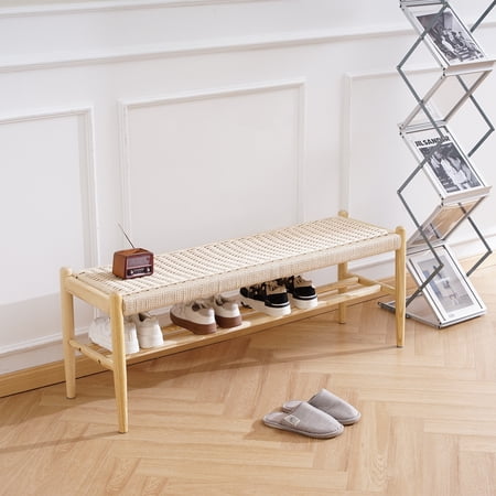 Entryway Bench, Solid Oak Wood Shoe Rack Bench, Shoe Bench with Woven Seat, Mid Century Shoe Storage Bench for Hallway, Bedroom, 46" Nature