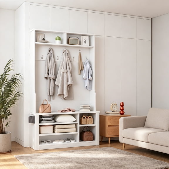 Entryway Bench with Coat Rack, 5-in-1 Hall Tree with Bench and Shoe Storage, Entryway Furniture, Adjustable LED Light for Hallway, Living Room, White