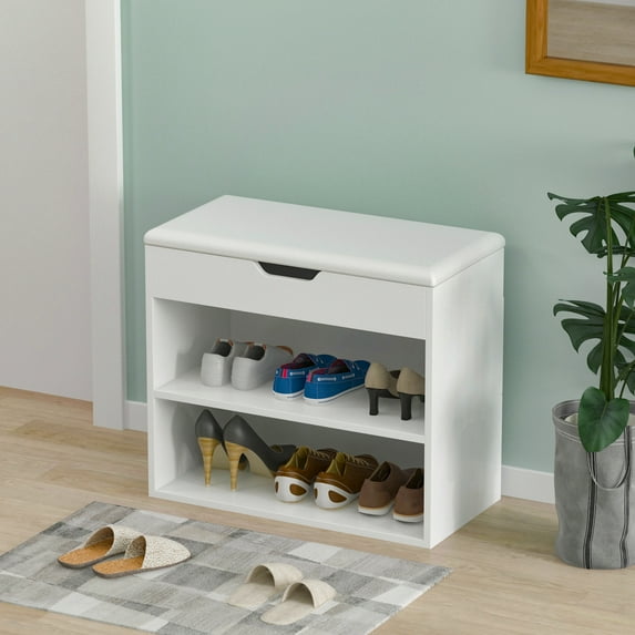 Entryway Bench with Padded Cushion, Shoe Rack Storage Cubby Cabinet with Flip-Top Storage Drawer, White