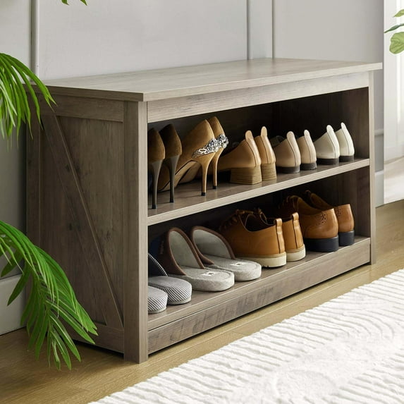 Entryway Bench with Shoe Storage, 2-Tier Shoe Shelf Organizer for Entryway, Wooden Shoe Rack for Home, Living Room, Hallway, Grey