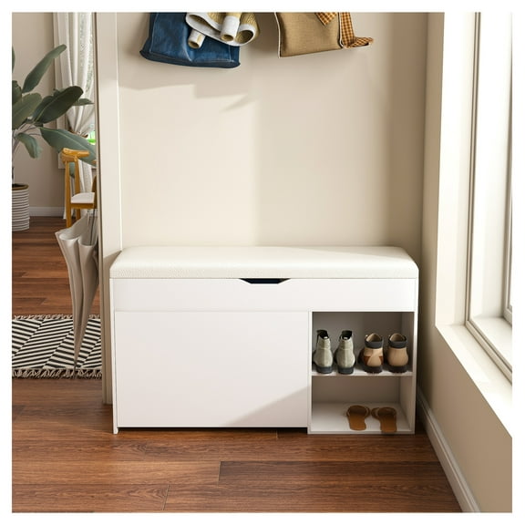 Entryway Bench with Shoe Storage, 3-Tier Flip-Up Drawers & Cabinet, Space-Saving Organizer, Modern Design for Hallway & Living Room, White