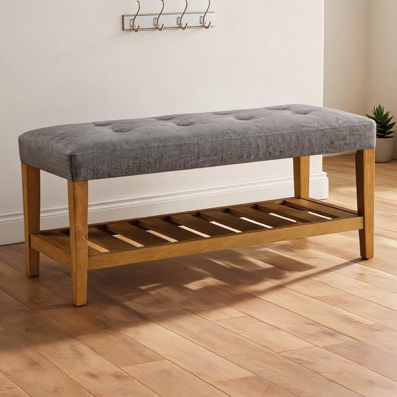 Entryway Bench with Storage Shelf, Two-Seater, Cool Gray Fabric Seat, Oak Wood Frame, 40.5 Inches