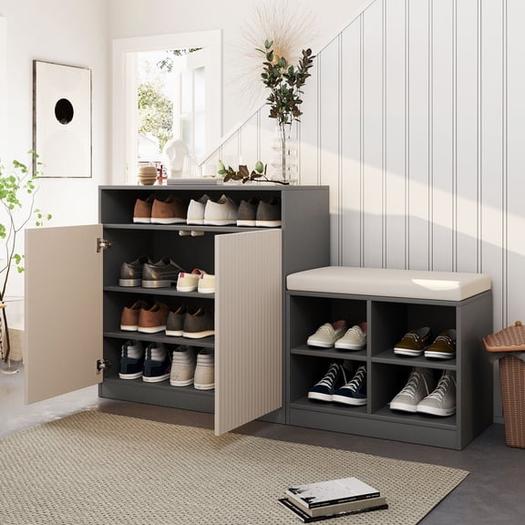 Entryway Cabinet with Shoe Bench, 55.1" Storage Console Table with Wavy Slatted Doors, 3-Tier Adjustable Shelves & 4 Open Shoe Racks, Removable Cushion Bench with Hooks,Beige+Grey