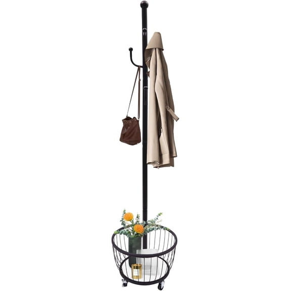 Entryway Coat Hanger Stand with Storage Basket, Cactus-Shaped Metal Standing Coat Rack with Mobile Wheel, Mobile Coat Hanger Stand Hall Tree for Hallway, Bedroom, Living Room (Black)
