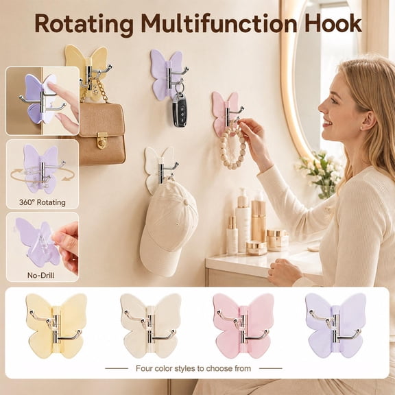 Entryway Coat Hooks, Cute Bathroom Decor, Girl Bedroom Decor, Dorm Room Wall Decor, Pink Rotating Three Arm Butterfly Wall Hook, Decorative Functional Wall Hanging