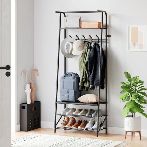 Entryway Coat Rack, Coat and Shoe Rack, Metal Frame, Entryway Bench Storage Organizer with Shelf & Hooks for Bedroom, Hallway, Office