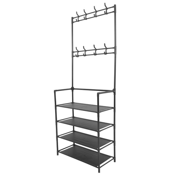 Black Metal Shoe Rack and Coat Stand Combo Organizer for Entryway, Hallway Storage Solution for Home and Apartment