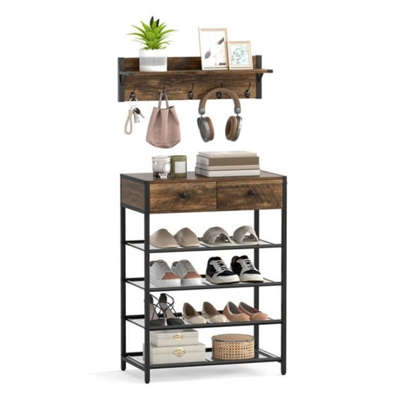 Entryway Coat Rack Shoe Bench - 5 Hook Metal Frame, 2 Drawer Organizer & 4 Mesh Shelves - Rustic Brown Entryway Furniture