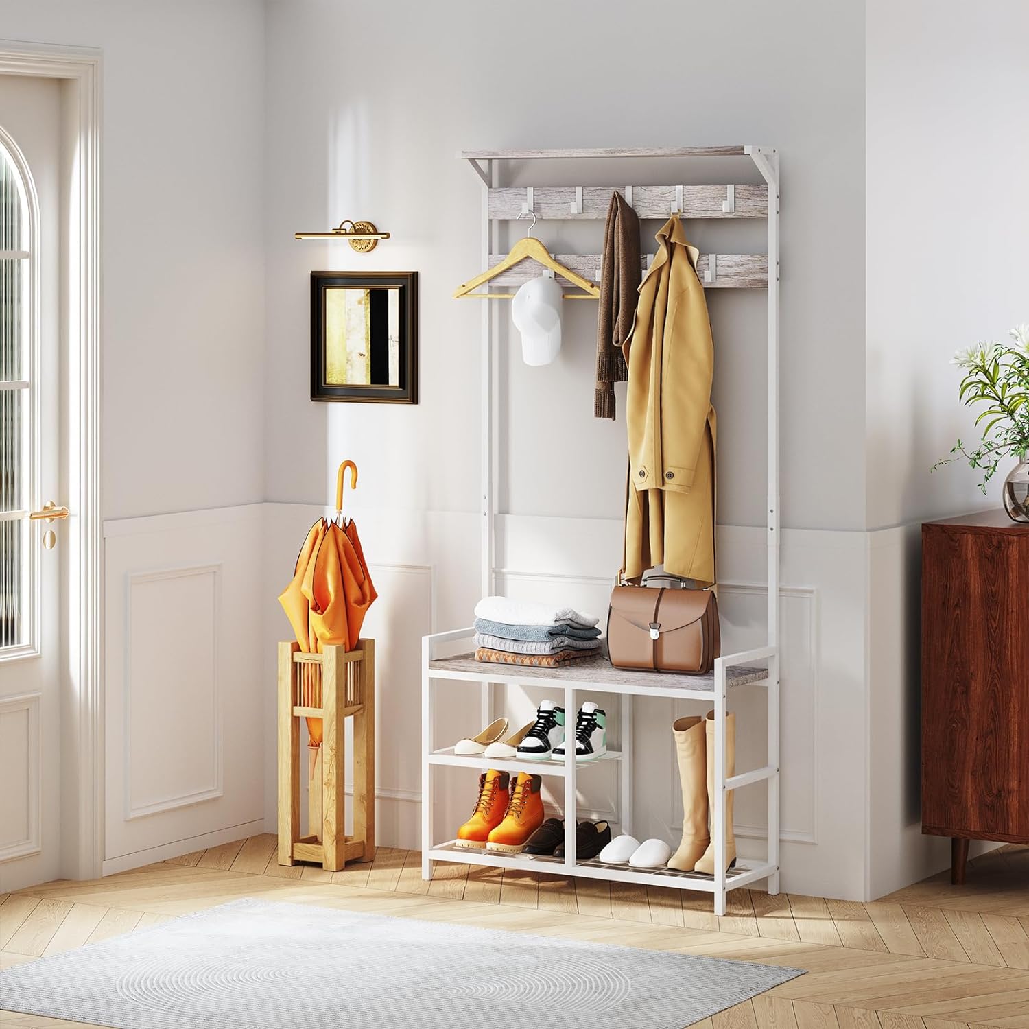 Entryway Coat Rack Shoe Bench Hall Tree Storage, Wood Look Accent, 3