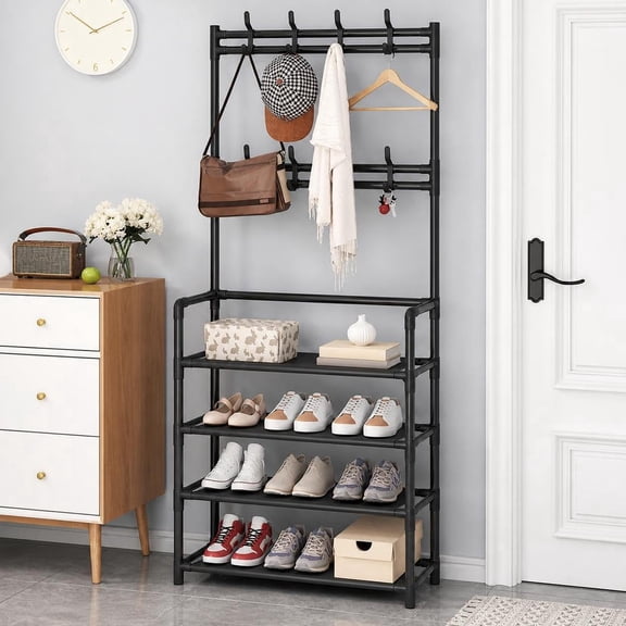 Entryway Coat Rack, Versatile Hall Tree with Shoe Bench Storage Organize, Freestanding Coat Rack and Shoe Shelf Bench, for Living Room Bedroom Hallway Office, Black