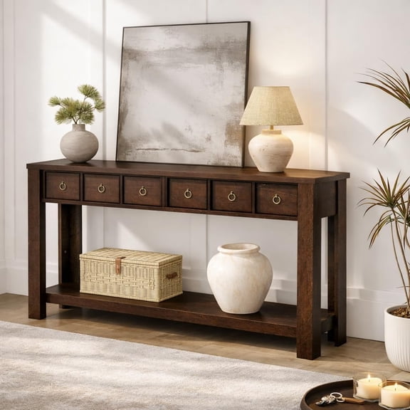 Entryway Console Table, 59 Inch Narrow Sofa Table with 2 Drawers, Open Shelf, Reinforced L-Shape Legs, Farmhouse Hallway Table for Living Room, Foyer, Apartment,Brown-red