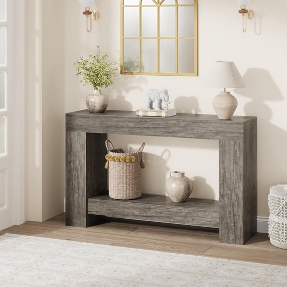 Entryway Console Table, Farmhouse 2-Tier Entryway Table, Long Sofa Accent Table Behind Couch Table with Open Storage for Entrance, Living Room, Hallway, Dark Grey, 47"