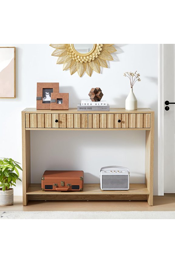 Entryway Console Table with Fluted Drawers, Mid Century Entryway Table with Storage, 43" Long Couch Behind Sofa Narrow Tables for Living Room Hallway Entrance, Natural