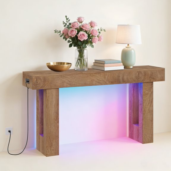 Entryway Console Table, with Multi-Color LED Lighting & Charging Station, 63 Inch Narrow Sofa Table for Living Room, Hallway or Foyer – Mountain-Patterned Sandalwood