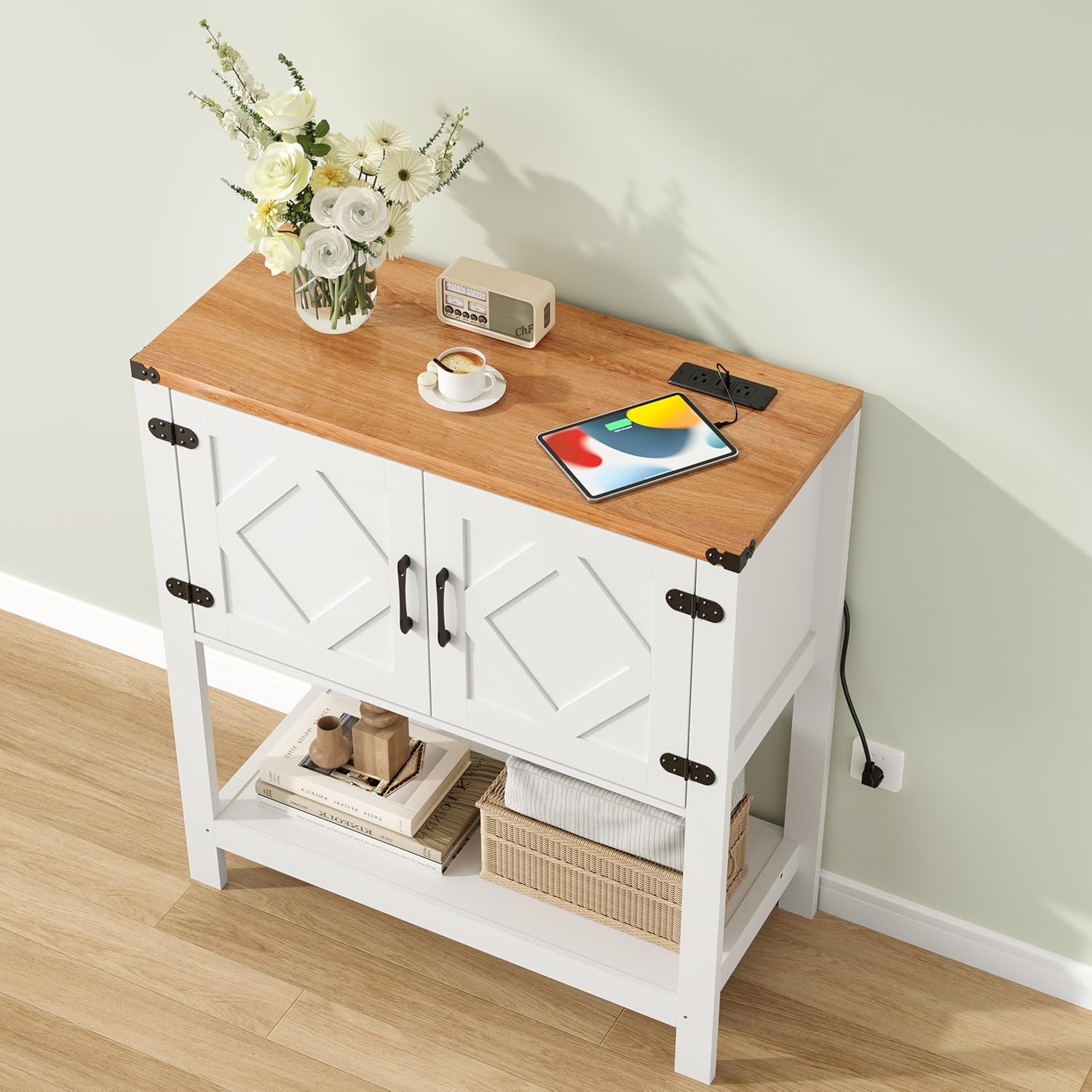 Shallow Entry Table Entryway Console Table with Power Outlets and USB Port, Coffee Bar ...