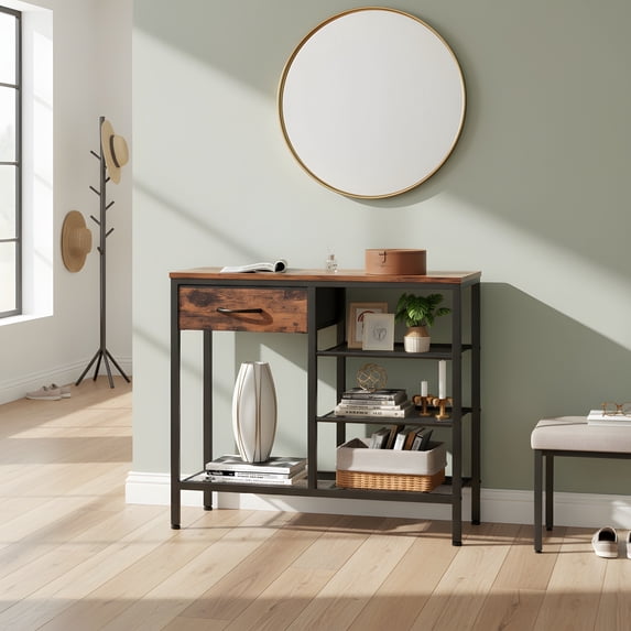 Entryway Console Table with Fabric Drawer and Shelf - Industrial Style