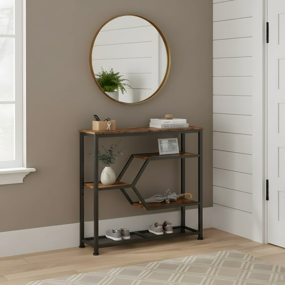 Entryway Console Table with Shelves - Narrow Rustic Design