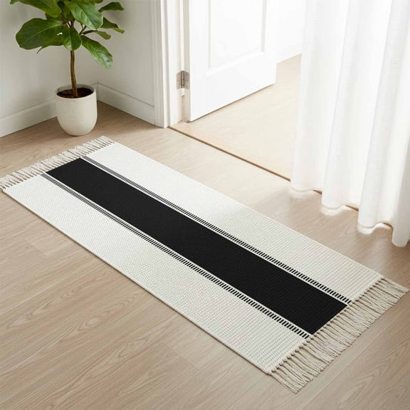 Entryway Door Mat 2'x 4', Black Solid Color Texture Non Slip Washable Throw Rug with Tassels, Simple Black Stripes Woven Reversible Indoor/Outdoor Rug for Doormat, Porch, Kids Room