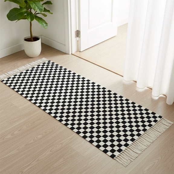Entryway Door Mat 2'x 4', Black White Plaid Non Slip Washable Throw Rug with Tassels, Modern Buffalo Check Gingham Art Woven Reversible Indoor/Outdoor Rug for Doormat, Porch, Kids Room