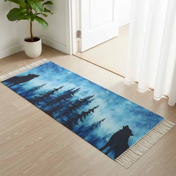 Entryway Door Mat 2'x 4', Black Wolf Night Non Slip Washable Throw Rug with Tassels, Abstract Forest Silhouette Starry Woven Reversible Indoor/Outdoor Rug for Doormat, Porch, Kids Room