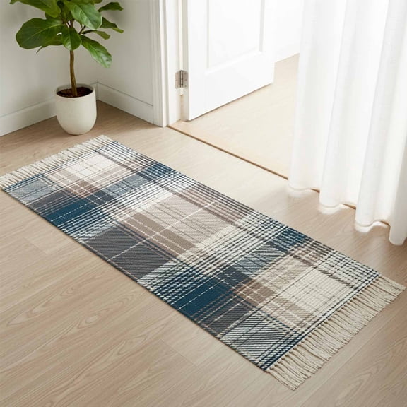Entryway Door Mat 2'x 4', Blue Brown Plaid Non Slip Washable Throw Rug with Tassels, Modern Abstract Striped Gingham Checked Woven Reversible Indoor/Outdoor Rug for Doormat, Porch, Kids Room