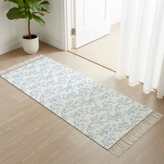 Entryway Door Mat 2'x 4', Blue Spring Floral Non Slip Washable Throw Rug with Tassels, Summer Botanical Watercolor Woven Reversible Indoor/Outdoor Rug for Doormat, Porch, Kids Room