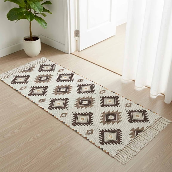 Entryway Door Mat 2'x 4', Brown Aztec Non Slip Washable Throw Rug with Tassels, Southwest Boho Tribal Country Motifs Art Woven Reversible Indoor/Outdoor Rug for Doormat, Porch, Kids Room