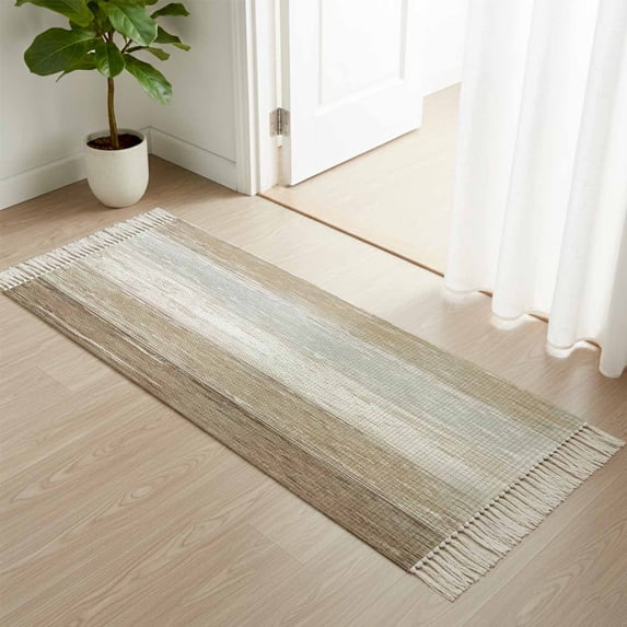 Entryway Door Mat 2'x 4', Brown Grey Non Slip Washable Throw Rug with Tassels, Farmhouse Gray Barn Wooden Vintage Striped Woven Reversible Indoor/Outdoor Rug for Doormat, Porch, Kids Room