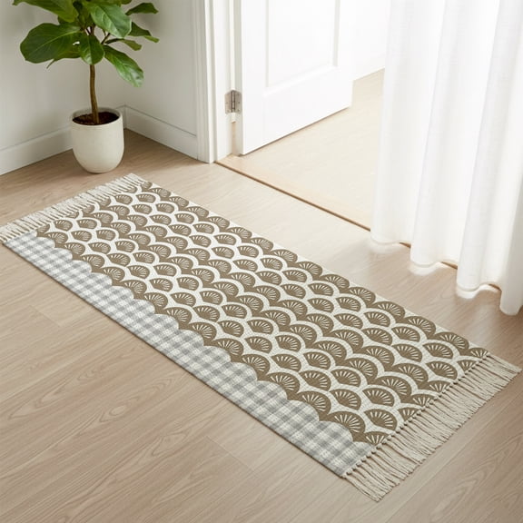 Entryway Door Mat 2'x 4', Brown Pine Leaves Non Slip Washable Throw Rug with Tassels, Abstract Art Geometric Gray Plaid Woven Reversible Indoor/Outdoor Rug for Doormat, Porch, Kids Room
