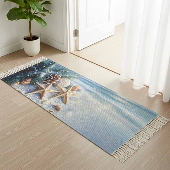 Entryway Door Mat 2'x 4', Christmas Beach Non Slip Washable Throw Rug with Tassels, Blue Shell Starfish Conch Pine Cone Snow Woven Reversible Indoor/Outdoor Rug for Doormat, Porch, Kids Room