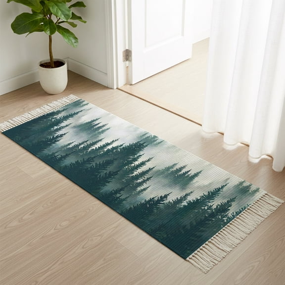 Entryway Door Mat 2'x 4', Dark Green Pine Forest Non Slip Washable Throw Rug with Tassels, Misty Tree Clouds Nature Woven Reversible Indoor/Outdoor Rug for Doormat, Porch, Kids Room