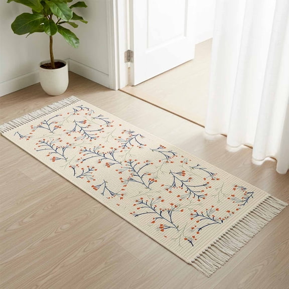 Entryway Door Mat 2'x 4', Fall Plant Flower, Non Slip Washable Throw Rug with Tassels, Vintage Fantasy Botanical Blue Red Cream Woven Reversible Indoor/Outdoor Rug for Doormat, Porch, Kids Room