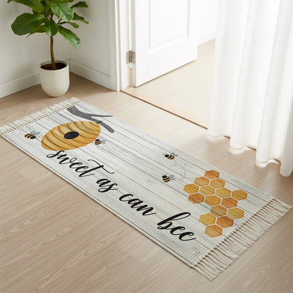 Entryway Door Mat 2'x 4', Farmhouse Bee Non Slip Washable Throw Rug with Tassels, Pastoral Country Bee Grey Wooden Woven Reversible Indoor/Outdoor Rug for Doormat, Porch, Kids Room