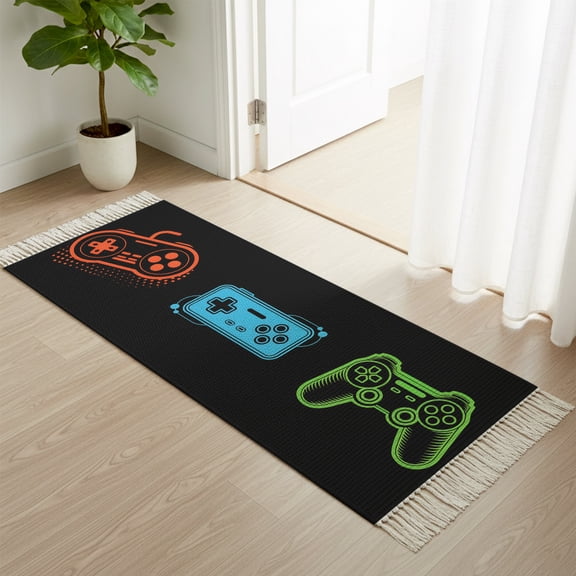 Entryway Door Mat 2'x 4', Game Controller Non Slip Washable Throw Rug with Tassels, Modern Art Gaming Handheld Black Woven Reversible Indoor/Outdoor Rug for Doormat, Porch, Kids Room