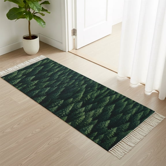 Entryway Door Mat 2'x 4', Green Forest Non Slip Washable Throw Rug with Tassels, Modern Pine Trees Mysterious Art Woven Reversible Indoor/Outdoor Rug for Doormat, Porch, Kids Room