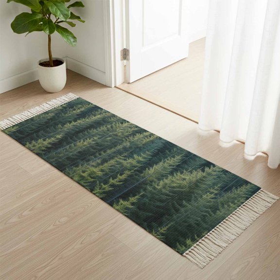 Entryway Door Mat 2'x 4', Green Forest Non Slip Washable Throw Rug with Tassels, Pine Tree Summer Botanical Modern Art Woven Reversible Indoor/Outdoor Rug for Doormat, Porch, Kids Room