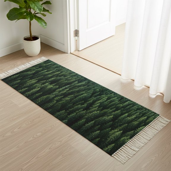 Entryway Door Mat 2'x 4', Green Forest Non Slip Washable Throw Rug with Tassels, Pine Trees Modern Mysterious Art Woven Reversible Indoor/Outdoor Rug for Doormat, Porch, Kids Room