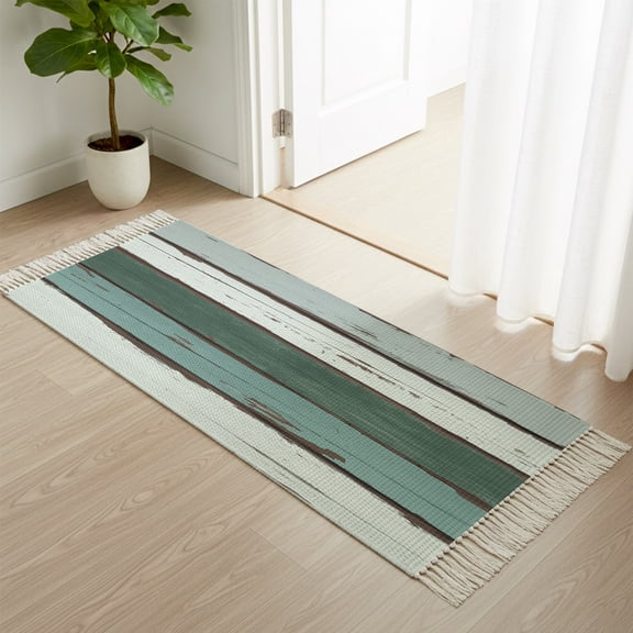 Entryway Door Mat 2'x 4', Green Gray White Non Slip Washable Throw Rug with Tassels, Country Vintage Gradient Wooden Plank Woven Reversible Indoor/Outdoor Rug for Doormat, Porch, Kids Room