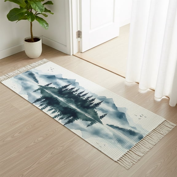 Entryway Door Mat 2'x 4', Ink Watercolor Forest Lake Non Slip Washable Throw Rug with Tassels, Abstract Art Mountain Woven Reversible Indoor/Outdoor Rug for Doormat, Porch, Kids Room