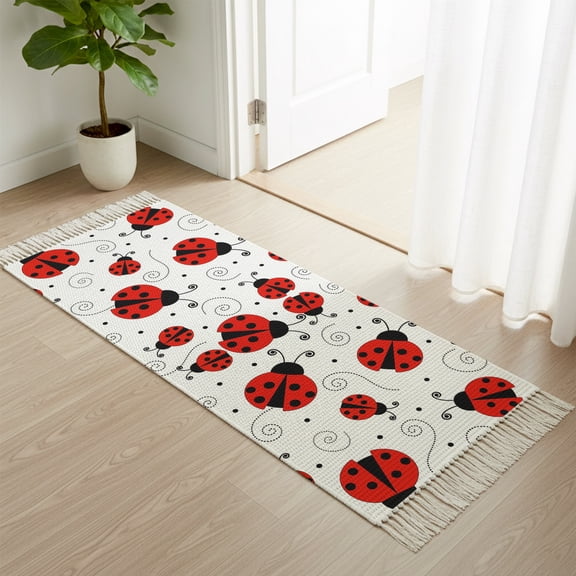 Entryway Door Mat 2'x 4', Ladybug Non Slip Washable Throw Rug with Tassels, Cartoon Red Black Dots Animals Modern Simple Woven Reversible Indoor/Outdoor Rug for Doormat, Porch, Kids Room