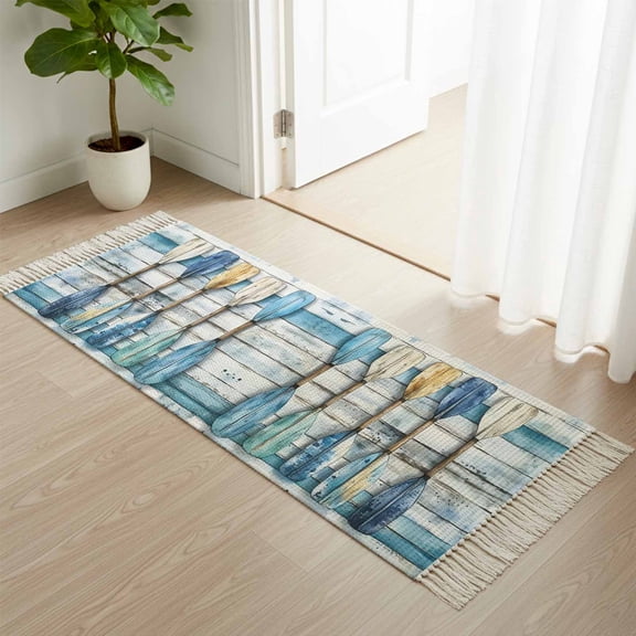 Entryway Door Mat 2'x 4', Lake Paddle Striped Non Slip Washable Throw Rug with Tassels, Watercolor Vintage Wood Grain Woven Reversible Indoor/Outdoor Rug for Doormat, Porch, Kids Room