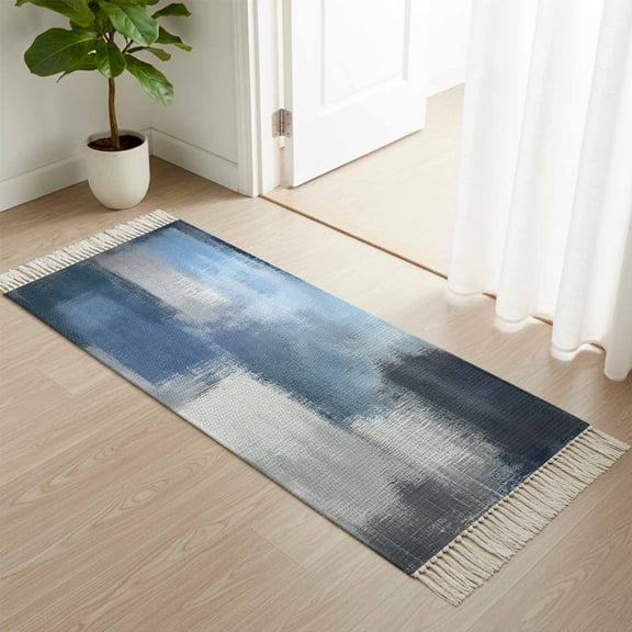 Entryway Door Mat 2'x 4', Navy Blue Ombre Non Slip Washable Throw Rug with Tassels, Modern Oil Painting Geometric Woven Reversible Indoor/Outdoor Rug for Doormat, Porch, Kids Room