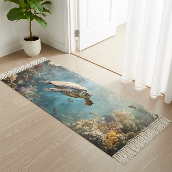 Entryway Door Mat 2'x 4', Ocean Turtle Non Slip Washable Throw Rug with Tassels, Retro Coral Reef Illustration Coastal Woven Reversible Indoor/Outdoor Rug for Doormat, Porch, Kids Room