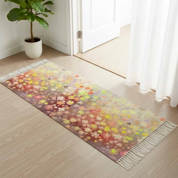 Entryway Door Mat 2'x 4', Orange Spring Floral Non Slip Washable Throw Rug with Tassels, Modern Oil Painted Daisy Botanical Woven Reversible Indoor/Outdoor Rug for Doormat, Porch, Kids Room