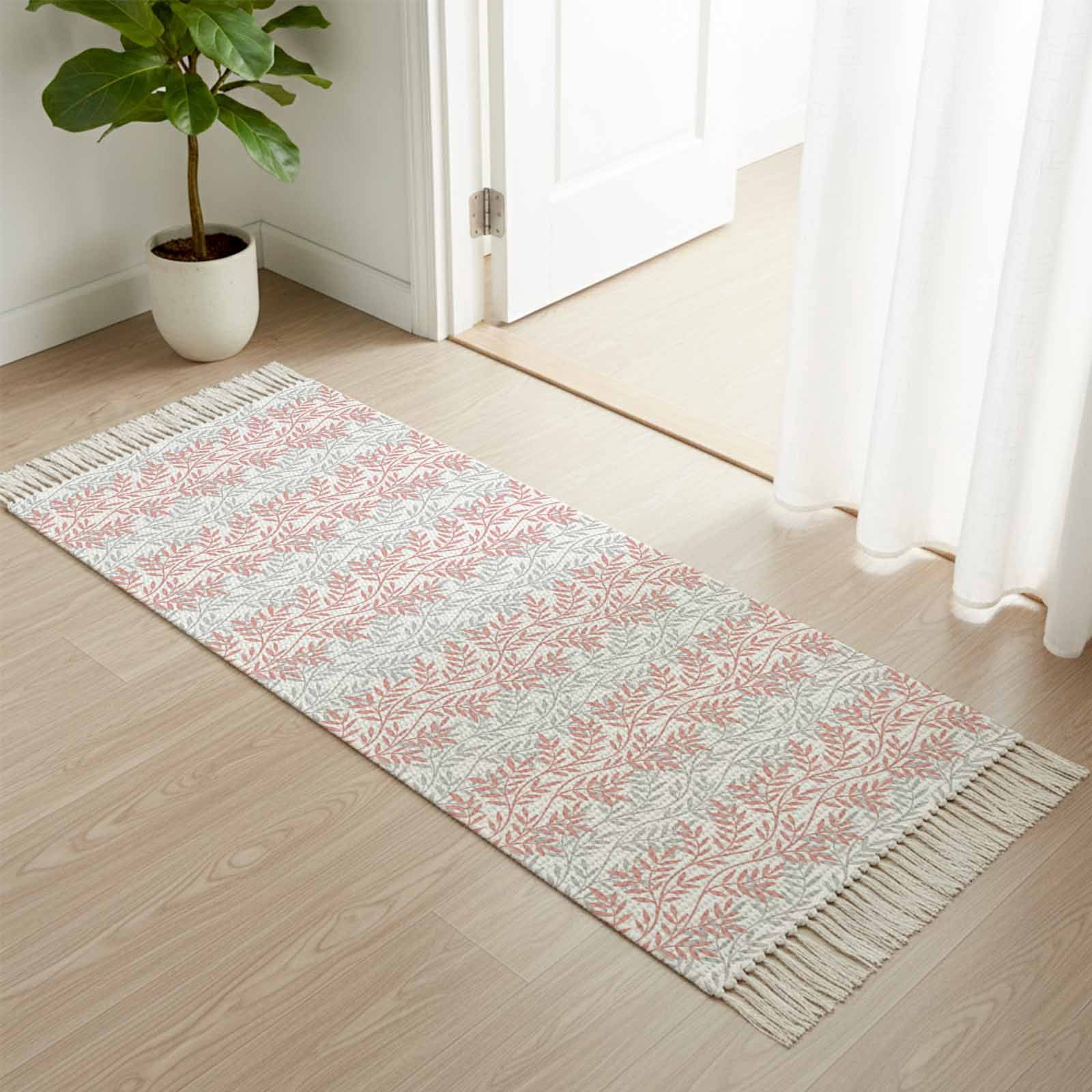 Entryway Door Mat 2'x 4', Pink Gray Botanical Non Slip Washable Throw ...