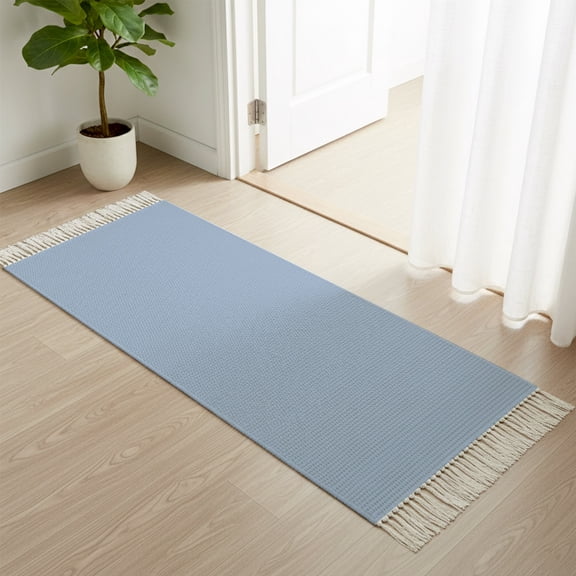 Entryway Door Mat 2'x 4', Pure Light Blue Non Slip Washable Throw Rug with Tassels, Simple Solid Color Woven Reversible Indoor/Outdoor Rug for Doormat, Porch, Kids Room